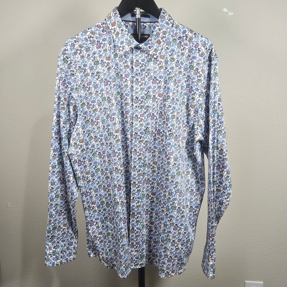 Johnston & Murphy Button Down Shirt Mens Large White Blue Paisley Floral Dandy